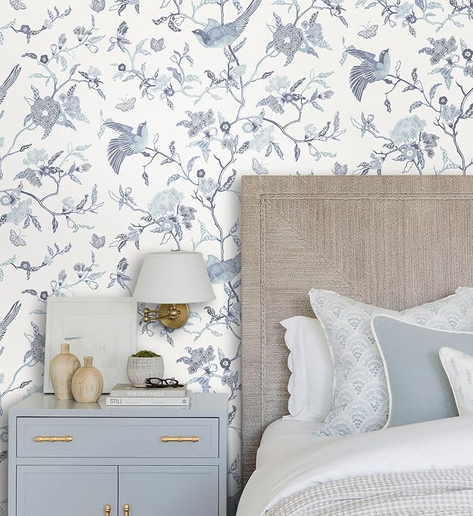 Timeet Peel and Stick Wallpaper Vintage Floral Contact Paper Blue and White Birds Wallpaper Removable Self Adhesive Flower Wall Paper for Bedroom Living Room 16.14"x393.7"