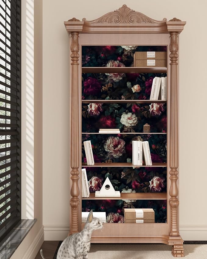 Fvlow Vintage Black Dark Red Floral Peel and Stick Wallpaper 17.4" x 197" | Renter Friendly, Removable & Waterproof, Vinyl Easy Install for Bedrooms, Bathrooms, Kitchens, Cabinets and Home Decor
