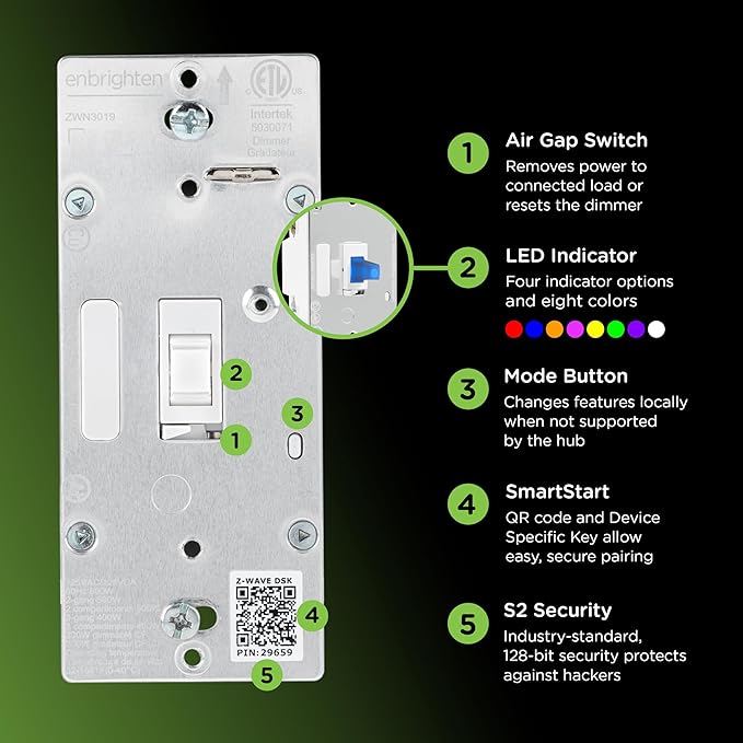Enbrighten 800 Series Z-Wave Toggle Dimmer, Long Range 800LR, Quick Fit, Simple Wire, Direct 3-Way (No Add-On Switch Needed), Smart Hub Required, Compatible with Alexa, Google Home, 76595