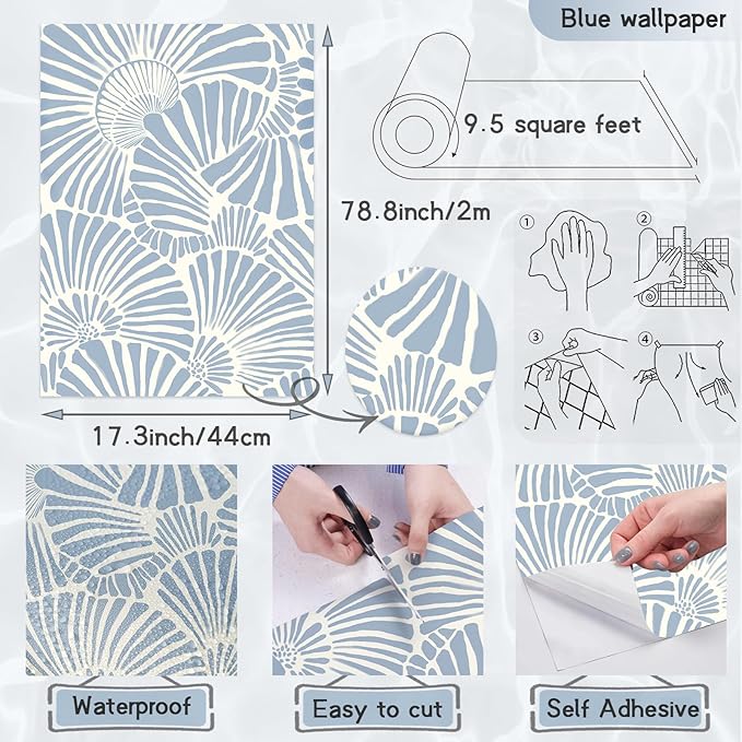 White and Blue Wallpaper Peel and Stick Wallpaper Boho 17.3"×78.8" Modern Wall Paper Removable Self Adhesive Wallpaper for Bedroom Blue Contact Paper for Cabinets Drawers Shelf Home Decor Vinyl Film