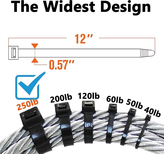 250lb Black Zip Ties Heavy Duty 12 Inch Outdoor, Extra Large Cable Tie Wraps Long Plastic Wire Ties Wide Big Strong Thick Zipties 50 Pack
