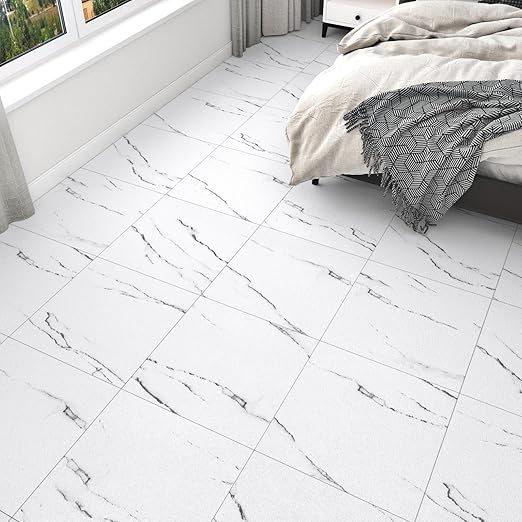 WESTICK 20 Tiles White Marble Floor Tile Bathroom Vinyl Tiles Peel and Stick Floor Waterproof Marble Vinyl Flooring Tile Removable Sticky Tile for Kitchen Bedroom Living Room Grey White 12" x 12"