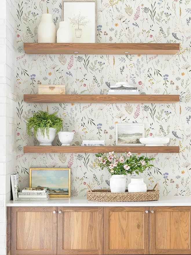 Dimoon 236"x16.1" Floral Peel and Stick Wallpaper Beige Contact Paper Thicken Wallpaper Delicate Flower Waterproof Green Leaf White Self Adhesive Removable Wall Paper Shelf Liner Decal Vinyl Roll