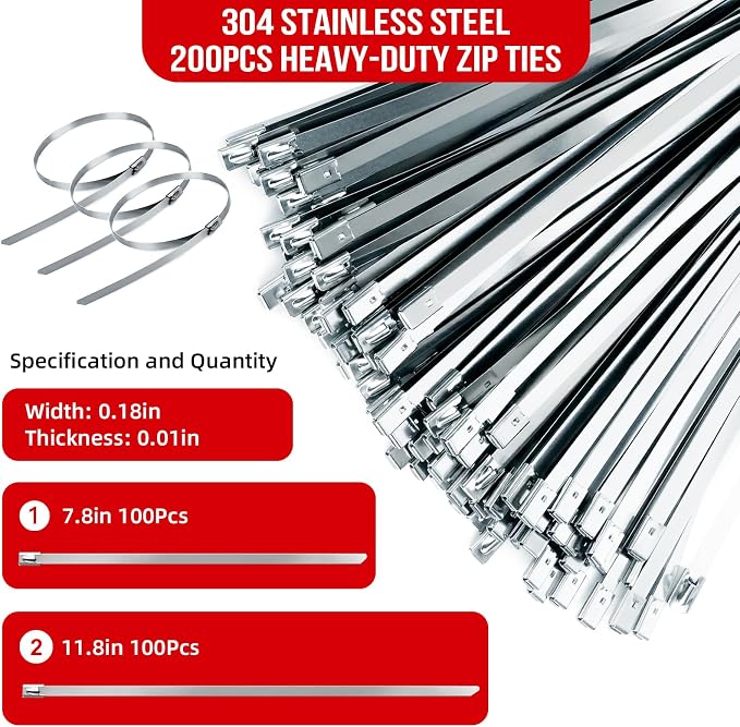 Metal Zip Ties Gun Set, 200Pcs Stainless Steel Cable Ties, Black | Heavy Duty Stainless Steel Cable Tie Gun Kit with 8 inch & 12 Inch Zip Ties for Chain Link Fence, Chicken Coop, Exhaust Pipes