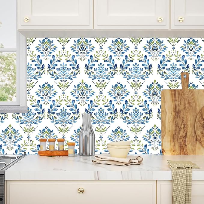 BOKEBEVE Boho Floral Peel and Stick Wallpaper Blue White 17.5 x 118In | Leaf Contact Paper Modern Symmetry Wall Paper for Bedroom Accent Walls Laundry Nursery Pantry Renter Friendly Removable