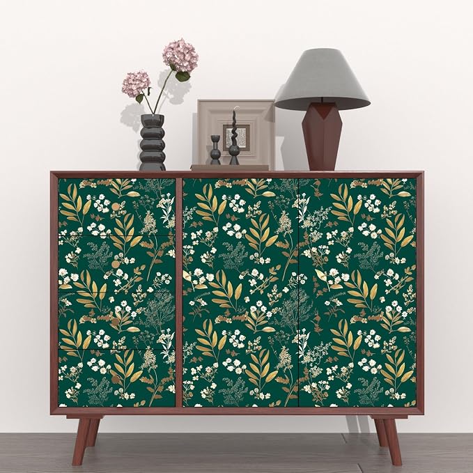 Vintage Dark Green Gold Floral Peel and Stick Wallpaper 17.5"x787" | Self Adhesive/Removable/Waterproof/Thick Vinyl Extra Long Contact Paper for Bathroom Bedroom Shelf Cabinet Drawer,Prepasted