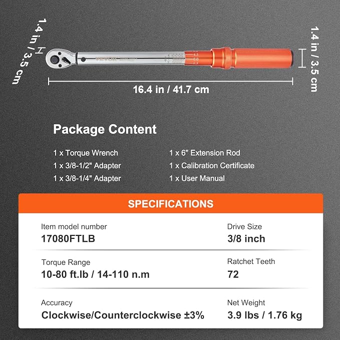VEVOR Torque Wrench 3/8-inch Drive 10-80ft.lb/14-110n.m Click Torque Wrench | Auto or Instruments Repairing, Chrome Vanadium Steel, Dual-Direction Adjustable, with Double Range Scales, Adapters, Orange