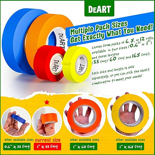 DEART 8X Colored Masking Tape, 33 Ft x 1 inch Colored Painters Tape for Arts & Crafts Labeling or Coding, Craft Supplies Color Tape Rolls, Colorful Masking Craft Tape, Lab Tape