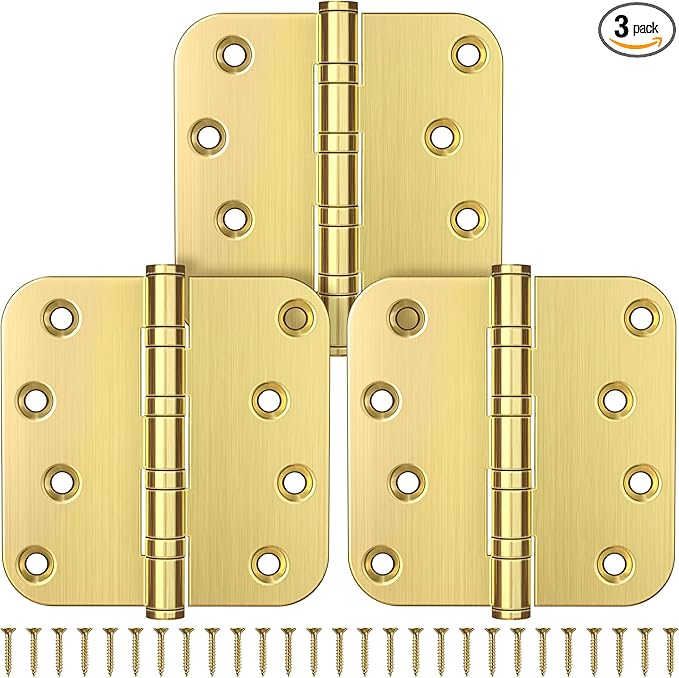 KOLET Ball Bearing Door Hinges, 4 x 4 Inches Brushed Gold Door Hinges, Heavy Duty Stainless Steel Hinges, 5/8'' Radius Corner, Smooth and Quiet, Non Removable Pin, Brushed Gold, 3 Pack