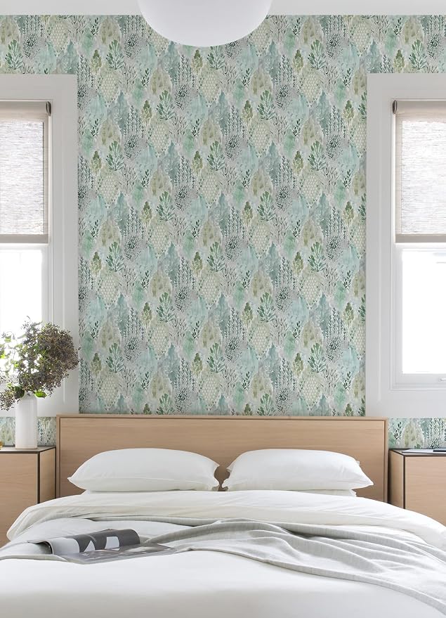 RoomMates Green Watercolor Tree Mosaic Peel and Stick Wallpaper, 20.5 in x 18 ft, Vinyl, Removable, No Sticky Residue, For Smooth Surfaces