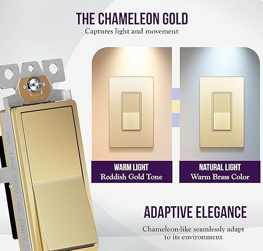 ENERLITES Elite Series Decorator Rocker Light Switch, 15A 120V/277V, Gloss Finish, Single Pole, 3 Wire, Grounding Screw, Residential Grade, UL Listed, 91150-GD, Gold Color (10 Pack)