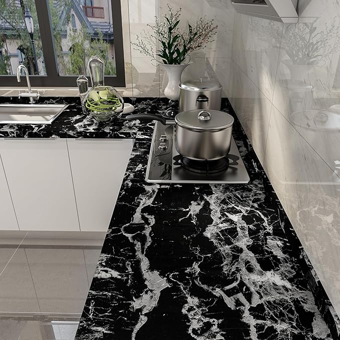 Black Marble Contact Paper Peel and Stick Countertop Waterproof Vinyl Film Glossy Marble Wallpaper Removable Self-Adhesive Counter Top Wrap for Kitchen Bathroom Sink Table Covers 16x118 inch