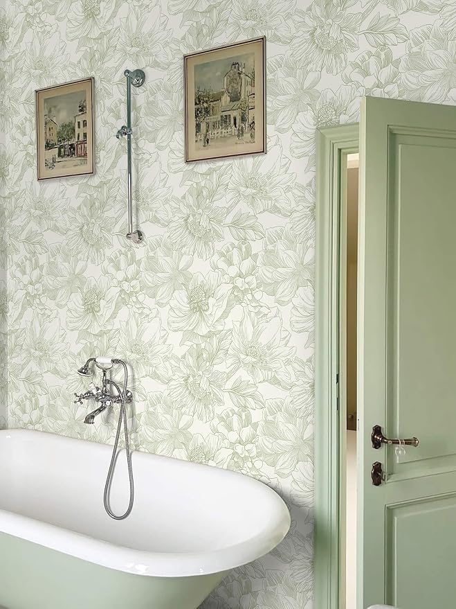 Ismoon Vintage Floral Wallpaper Peel and Stick Beige and Green Contact Paper 17.3inx16.3ft Removable Self Adhesive Wall Paper for Bathroom Bedroom Cabinet Mural Wall Decor Vinyl Renter Friendly