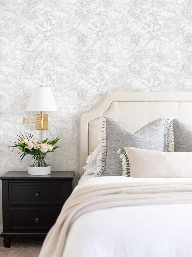 118"x17.3" Peel and Stick Wallpaper Contact Paper Floral Modern White Wallpaper Removable Wall Paper Self Adhesive Boho Contactpaper for Cabinets Drawers Grey Vintage Bedroom Thicken Vinyl