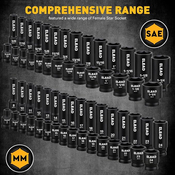67 Piece 1/2" Drive Deep Impact Socket Set: Standard SAE (3/8"-1-1/4") & Metric (8-24 mm), Including 3 ", 5", 10" Extension Bar, Universal Joint, Ratchet Handle and Adapter