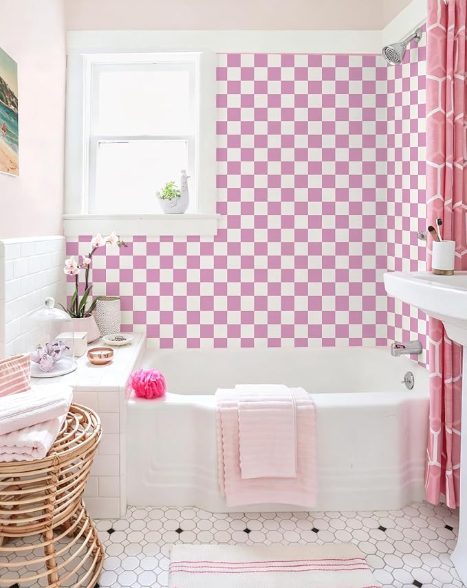 Yasinet Pink Peel and Stick Wallpaper Checkered Wallpaper Modern Pink and White Checkerboard Contact Paper Girl Bedroom Removable Self Adhesive Wall Paper Waterproof for Bathroom Vinyl 17.3" × 393.7“