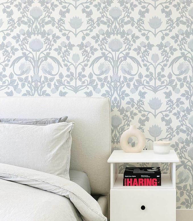 YXTII 17.3"×78.7" Blue Floral Peel and Stick Wallpaper, Damask Vintage Wallpaper for Bedroom Bathroom Self Adhesive Removable