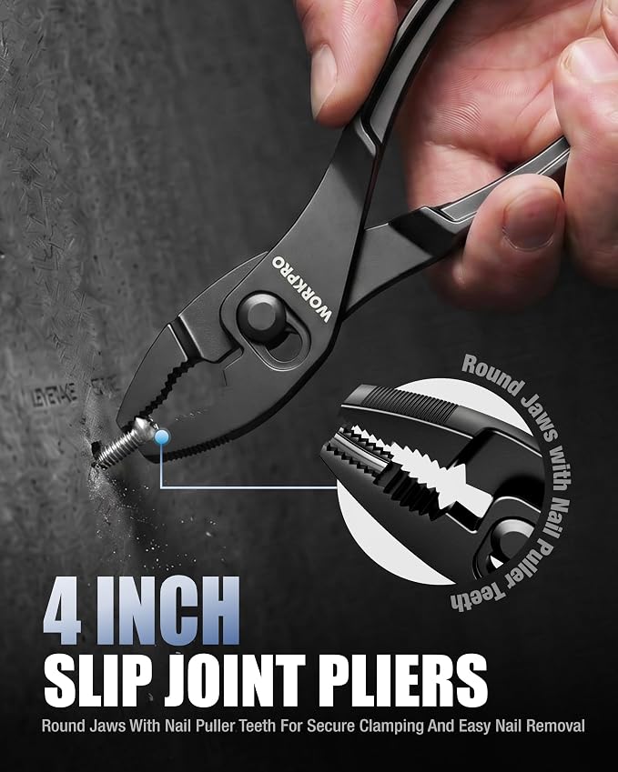 WORKPRO 4-Piece Mini Pliers Set with Pouch, Pocket Pliers, EDC Tool Gift | 4-Inch Plier Wrench, Slip Joint Plier, Water Pump Plier, 4.5-Inch Long Nose Slip Joint Plier, Alloy Steel, Anti-Rust Coating