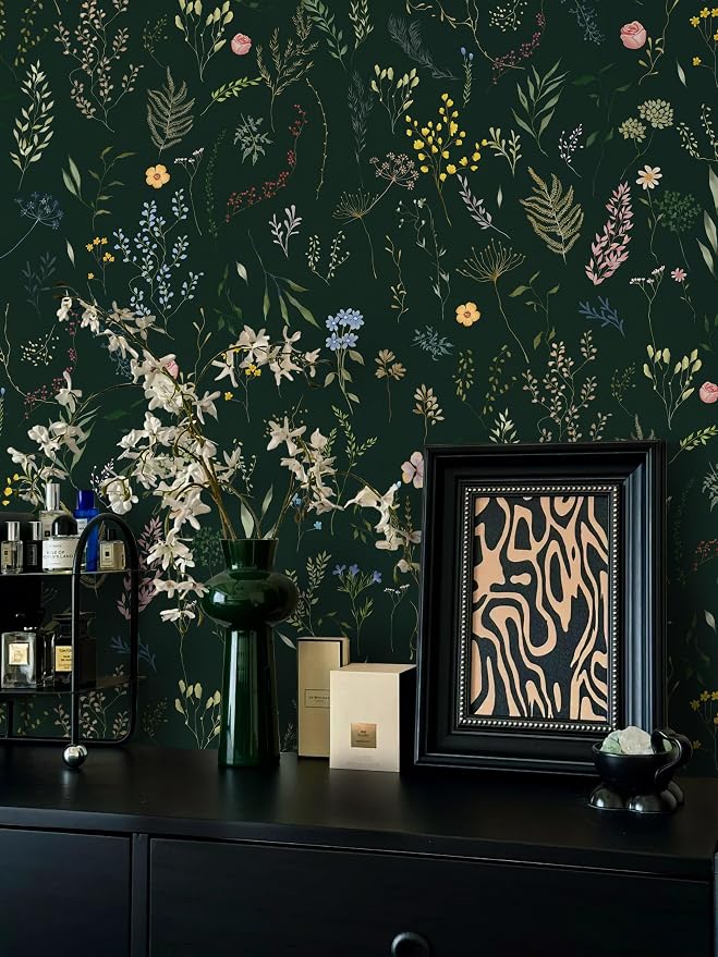Dimoon 78.7"x16.1" Floral Peel and Stick Wallpaper Dark Green Smooth Contact Paper Flower Thicken Waterproof Green Leaf Self Adhesive Pomegranate Wallpaper Removable Shelf Liner Decal Vinyl Roll