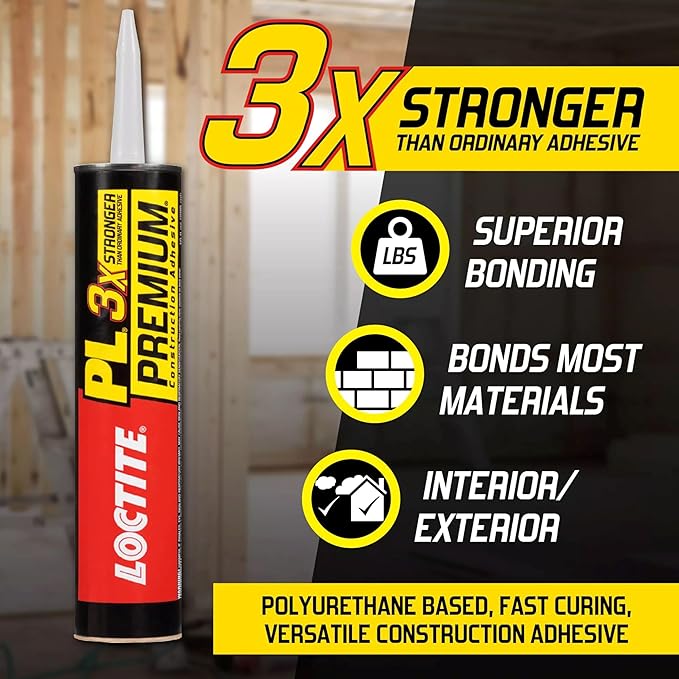 Loctite PL Premium Polyurethane Construction Adhesive, 10 fl oz Cartridge, 6 Pack - Versatile Construction Glue for Wood, Concrete, Stone, Metal & More