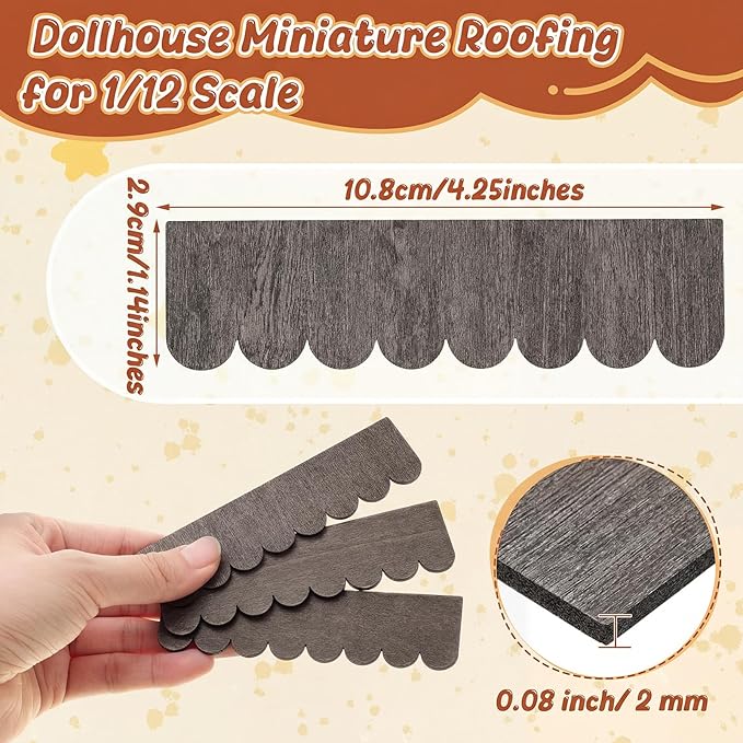 Wenqik 100 Strips Dollhouse Roof Shingles 4.25 x 1.14 Inches Each Mini Fish Scale Wooden Dollhouse Miniature Roofing for 1: 12 Scale Doll House Projects DIY Miniature Landscapes (Taupe)