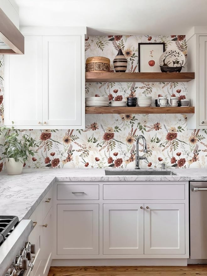 Dimoon Floral Peel and Stick Wallpaper Vintage Beige Contact Paper Bathroom Village Country Cottage Wallpaper Farmhouse Renter Friendly Antique Waterproof Kitchen Bedroom Vinyl 17.3''x78.7''