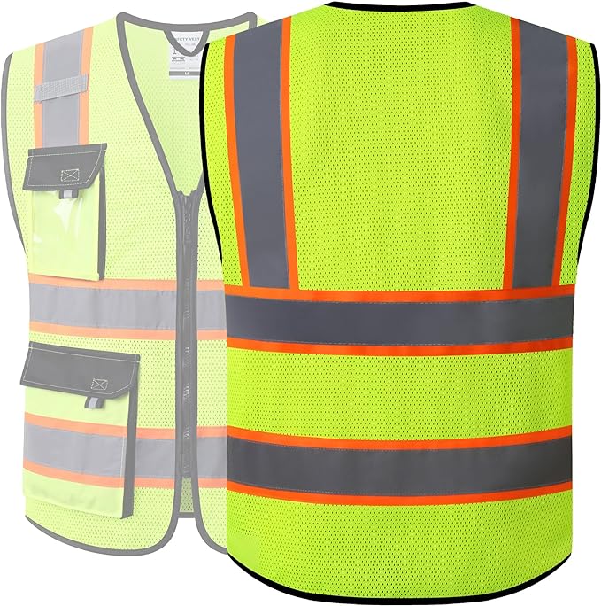 JKSafety Hi Vis Reflective Safety Vests for Men Women High Visibility Vest with Pockets Mesh Fabric Construction Safety Apparel Neon Vest for Work (220-Yellow 3XL)