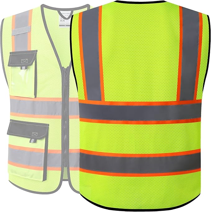JKSafety Hi Vis Reflective Safety Vests for Men Women High Visibility Vest with Pockets Mesh Fabric Construction Safety Apparel Neon Vest for Work (220-Yellow M)