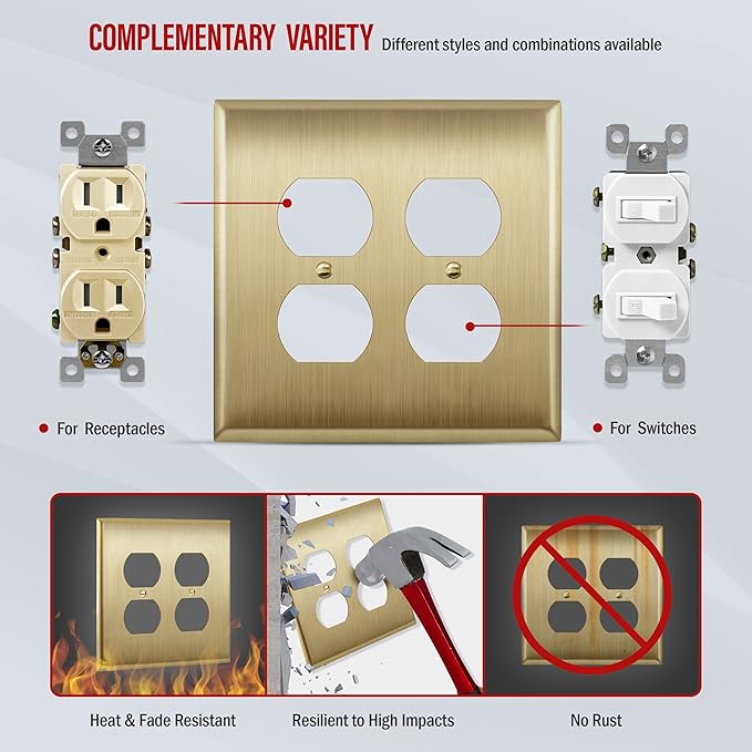 ENERLITES Dual Duplex Receptacle Metal Wall Plate, Stainless Steel Outlet Cover, Corrosion Resistant, Mid-Size 2-Gang 4.88" x 4.92", Stainless Steel 201, 7722M-BB, Brushed Brass