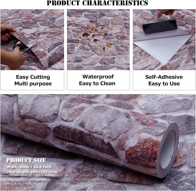 Stone Brick Wallpaper Peel and Stick Backsplash Self-Adhesive Removable Vinyl Pink Faux 3D Stone Look Wall Paper Faux Home Decorations 23.6" X 393"
