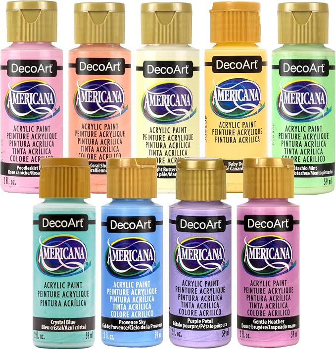 DecoArt Americana Acrylic Paint Set – Essential Pastel Colors, 9 Bottles (2 fl oz) – Art and Craft Acrylic Paints for Canvas, Wood, and More