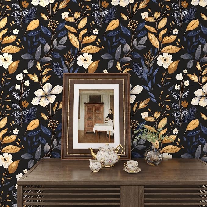 Vintage Dark Blue Gold Floral Peel and Stick Wallpaper 17.5"x787" | Self Adhesive/Removable/Waterproof/Thick Vinyl Extra Long Contact Paper for Bathroom Bedroom Shelf Cabinet Drawer,Prepasted