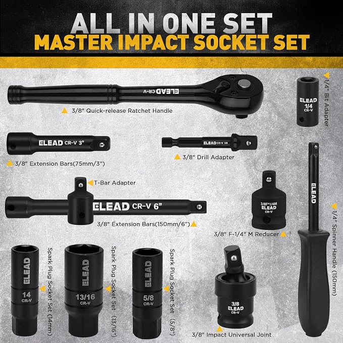 96-Piece 3/8" Drive Impact Socket Set, SAE(5/16 to 3/4-Inch) & Metric(8-22mm), Standard & Deep Sockets, Ratchet Handle, Bit Set, Universal Joint, Extension Bar, Adapters, Spark Plug Sockets