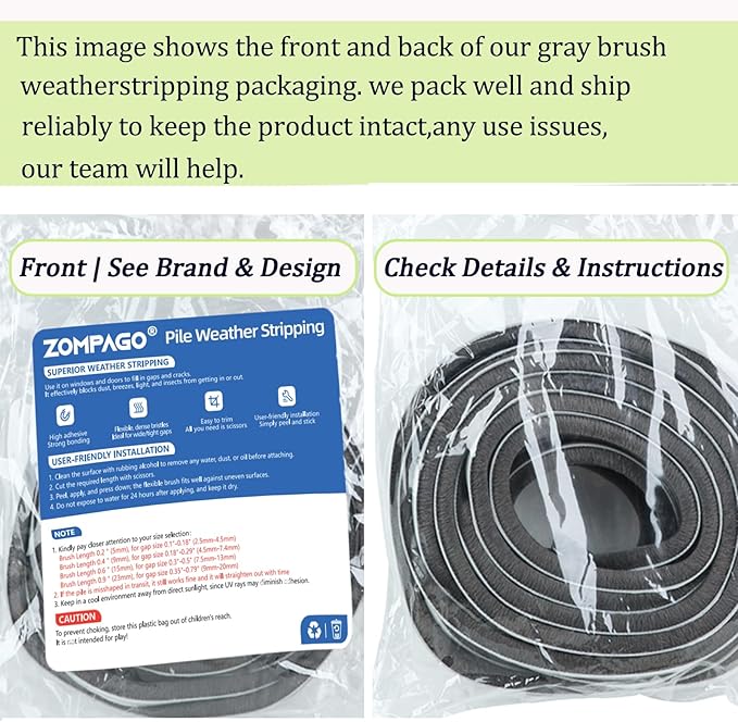 ZOMPAGO Strong Adhesive Brush Weather Stripping 0.6in (T）x 0.4in (W) x 33FT, Grey, Door Seal for Sliding Windows & Doors, Soundproof Noise Blocker, Draft Stopper for Garage Door Frame & Exterior Doors