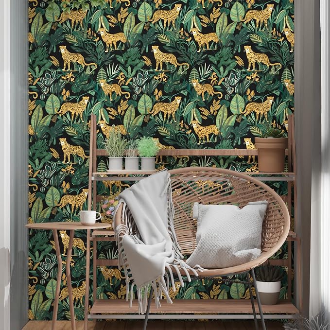 Black Gold Vintage Leopard Peel and Stick Wallpaper 17.5" x 787" | Waterproof Vinyl Self Adhesive Removable Renter Friendly Floral Contact Paper