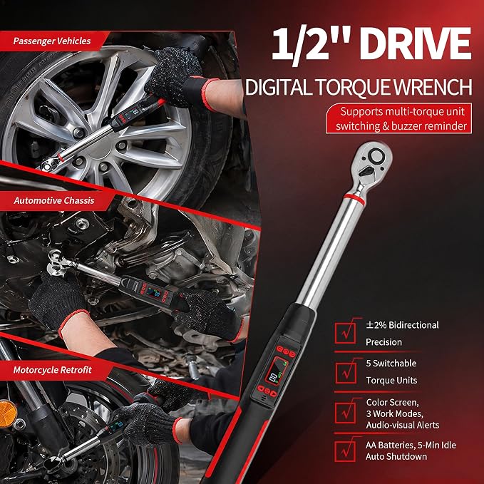 1/2" Digital Torque Wrench Set 6Pcs, 14.7-295Ft-lb(20-400Nm) ±2% Acc, Triple Vib/Beep/LED Alert, 5 Units, Torque Preset, Non-Marring Sockets, Ext Bar, Hard Case, Car Truck RV Tire Suspension Tool