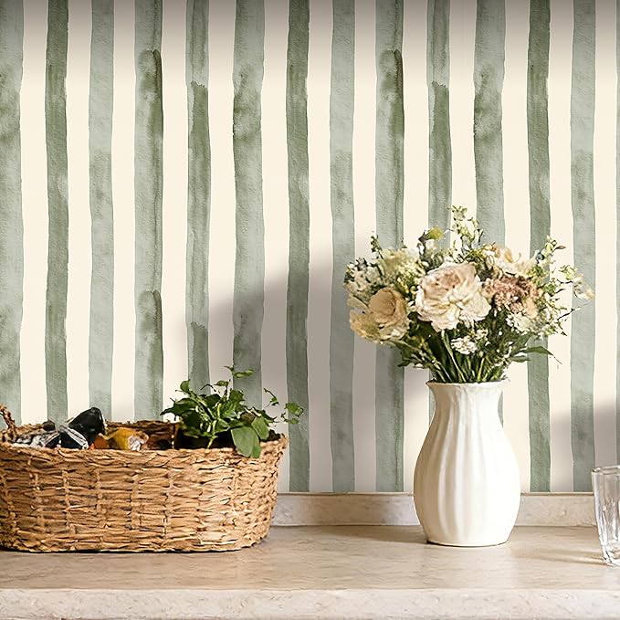 17.5x393 Striped Peel and Stick Wallpaper Watercolor Sage Green Neutral Wallpaper for Bathroom Nursery Boys Room Kids Renter Friendly Light Green Off White Striped Contact Paper Adhesive