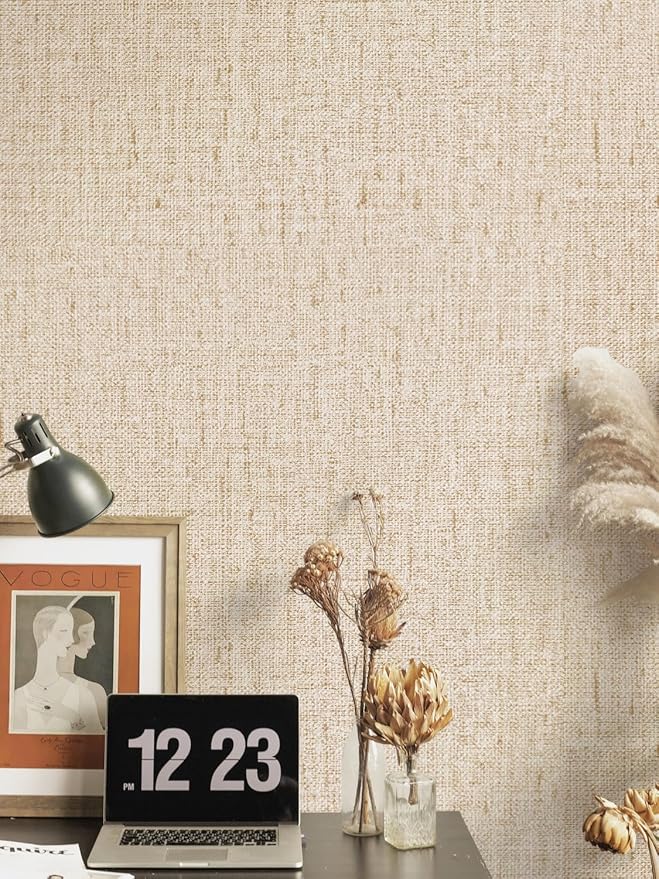 Beige Grasscloth Peel and Stick Wallpaper Textured 15.7in x 393.7in | Faux Linen Wallpaper Peel and Stick Vintage Grasscloth Contact Paper Self Adhesive Removable Contact Paper for Bedroom Vinyl