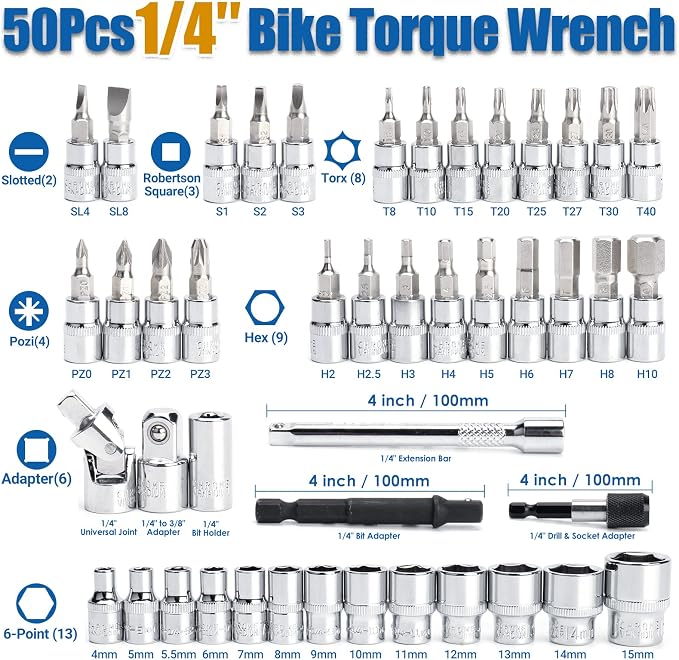 50Pcs Master Bike Torque Wrench Set, 1/4 Inch Drive, 10-230 IN.LB (1-26.0 Nm), Inch Pound Click Torque Wrench with Bit Sockets, 0.1 Nm Micro, 3/8 Adapter, Pro Bicycle Tool Kit for MTB