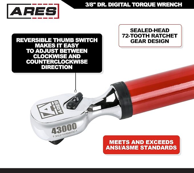ARES 43000 3/8-Inch Drive Electronic Digital Torque Wrench | 7.4-99.6 ft/lbs (10-135Nm); Reversible Sealed Head; Multi-Alert System Prevents Over-Torquing