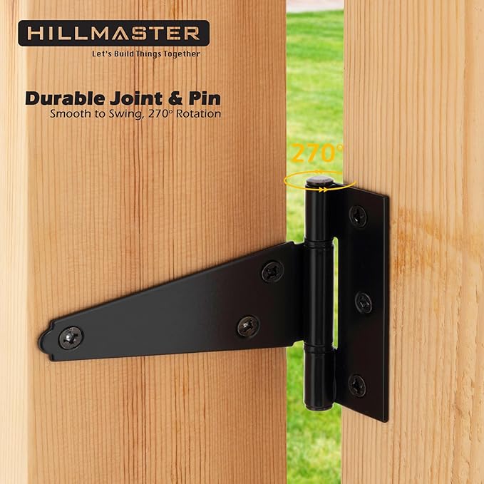 HILLMASTER 4 Inch T-Strap Hinges Heavy Duty Shed Door Hinges Gate Strap Hinges Black Tee Hinge Wrought Gate Hardware Small T Hinges for Wooden Fences,Shutter,Window,Barn,Outdoor Rustproof(6 Pack)