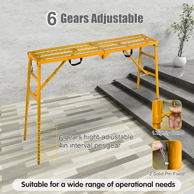 LEADALLWAY Scaffolding Platform 70"(L) x15(W) x33(H) 770 Lbs Capacity Portable Adjustable Work Platform Scaffolding Ladder,Yellow