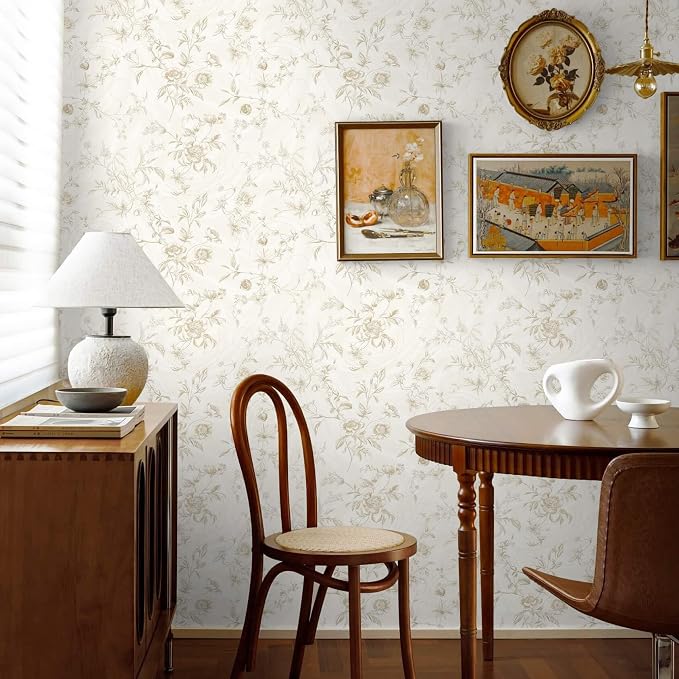 Ismoon Floral Peel and Stick Wallpaper Vintage Beige Stick on Wall Paper French Textured Contact Paper for Cabinet Removable Self Adhesive Wallpaper Vinyl Roll Shelf Decro, 17.3inx787in
