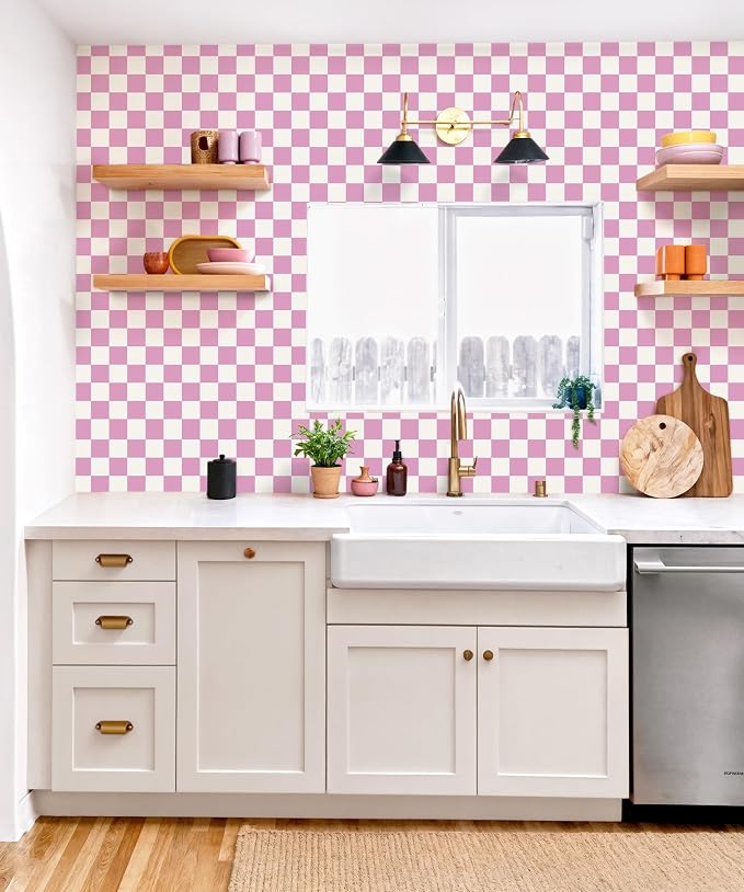 Yasinet Pink Peel and Stick Wallpaper Checkered Wallpaper Modern Pink and White Checkerboard Contact Paper Girl Bedroom Removable Self Adhesive Wall Paper Waterproof for Bathroom Vinyl 17.3" × 393.7“