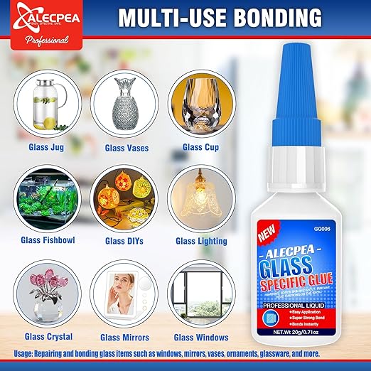 ALECPEA 20g Glass Glue - Crystal Clear Invisible Adhesive for Glass Repair, Jewelry & Art - Waterproof & Heat-Resistant Bond for Mirrors, Crystals & Glassware - Quick 15s Set with 3 Precision Tips
