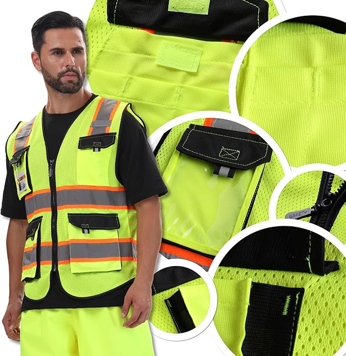 JKSafety Hi Vis Reflective Safety Vests for Men Women High Visibility Vest with Pockets Mesh Fabric Construction Safety Apparel Neon Vest for Work (220-Yellow XL)