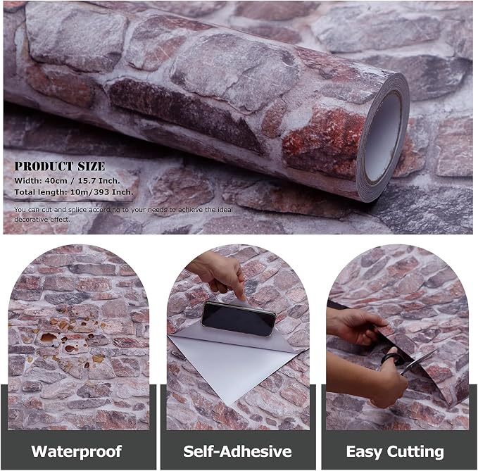 3D Brick Stone Wallpaper Peel and Stick Wall Paper Faux Stone Brick Wallpaper Waterproof Self Adhesive Removable Wall Paper for Bedroom Living Room Wall Decor, Pink 15.7" X 393"