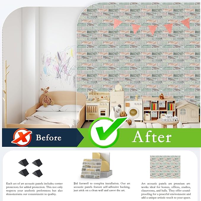 12Pack Acoustic Panels, 12"×12"×0.4" Self-Adhesive 3D Brick Pattern Sound Proof Panels for Walls, Decorative Sound Dampening Wall Panels for Recording Studios, Offices, Home, Stone