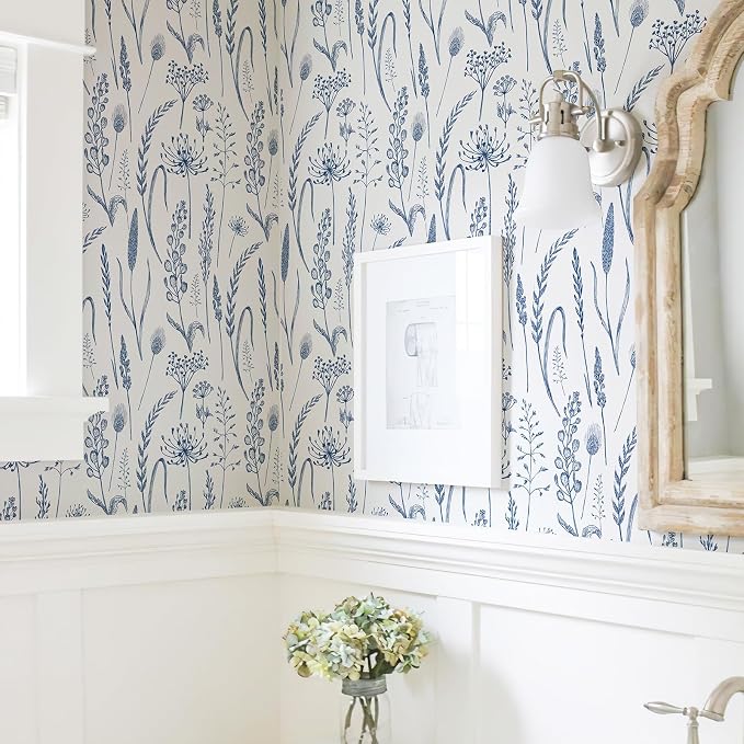 JiffDiff Peel and Stick Wallpaper Farmhouse Vintage Floral Contact Paper Wheat Meadow Removable Self Adhesive Wallpaper Blue and White (14.2 sq.ft)