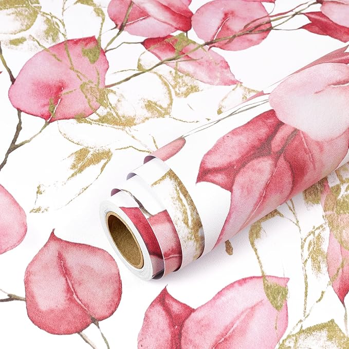 Livelynine Pink White Gold Wallpaper Peel and Stick Contact Paper Botanical | Pink White and Gold Wallpaper Adhesive Contact Paper Removable Modern Botanical Nature Inspired Eucalyptus Leaf 17.5x78.8"